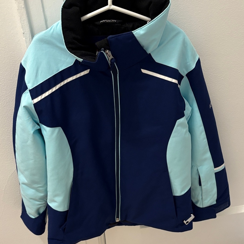 Karbon Kids' Navy and Light Blue Puffer Jacket with an adjustable hood.